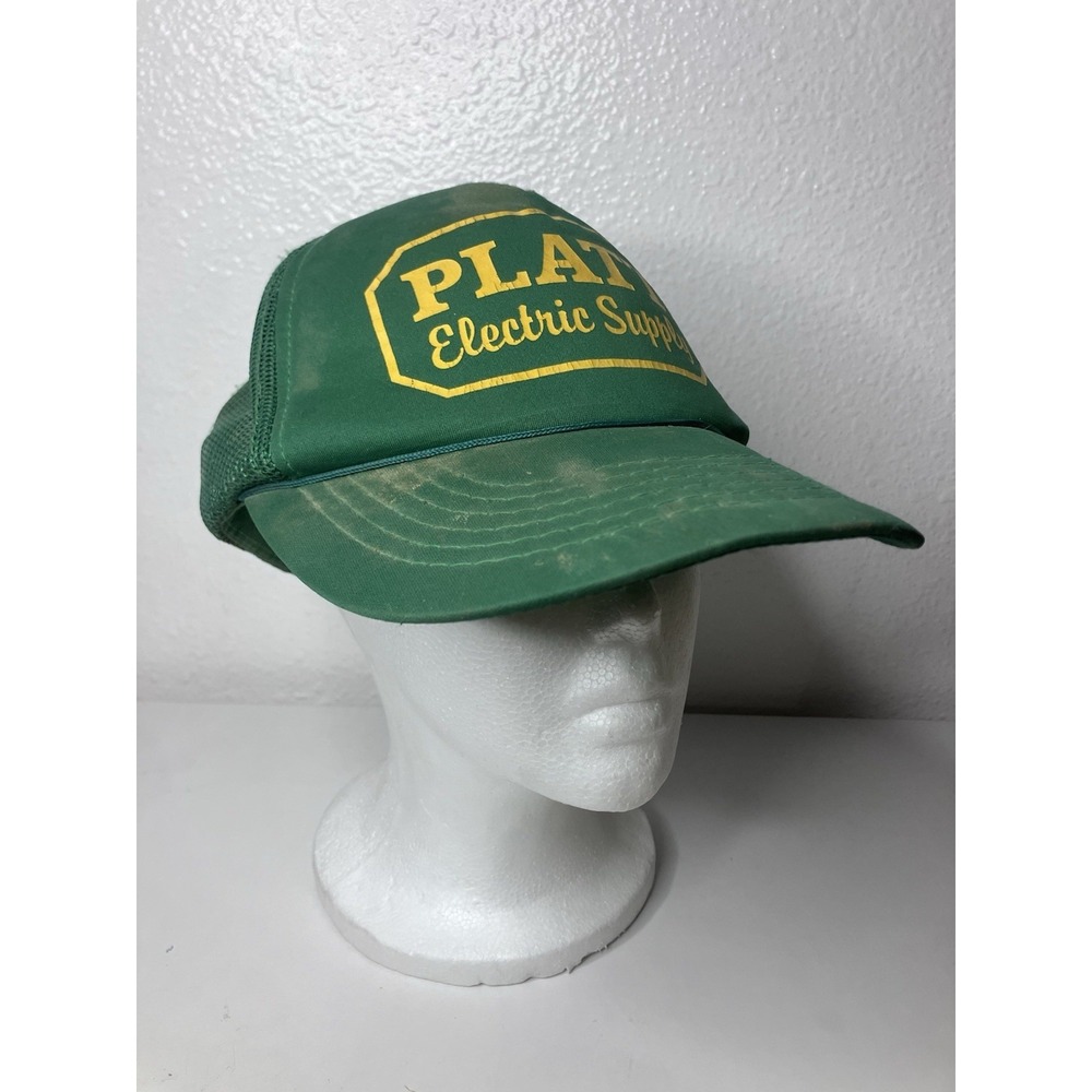 VTG Thrashed Platt Electric Supply Green SnapBack Trucker Hat Mesh Distressed